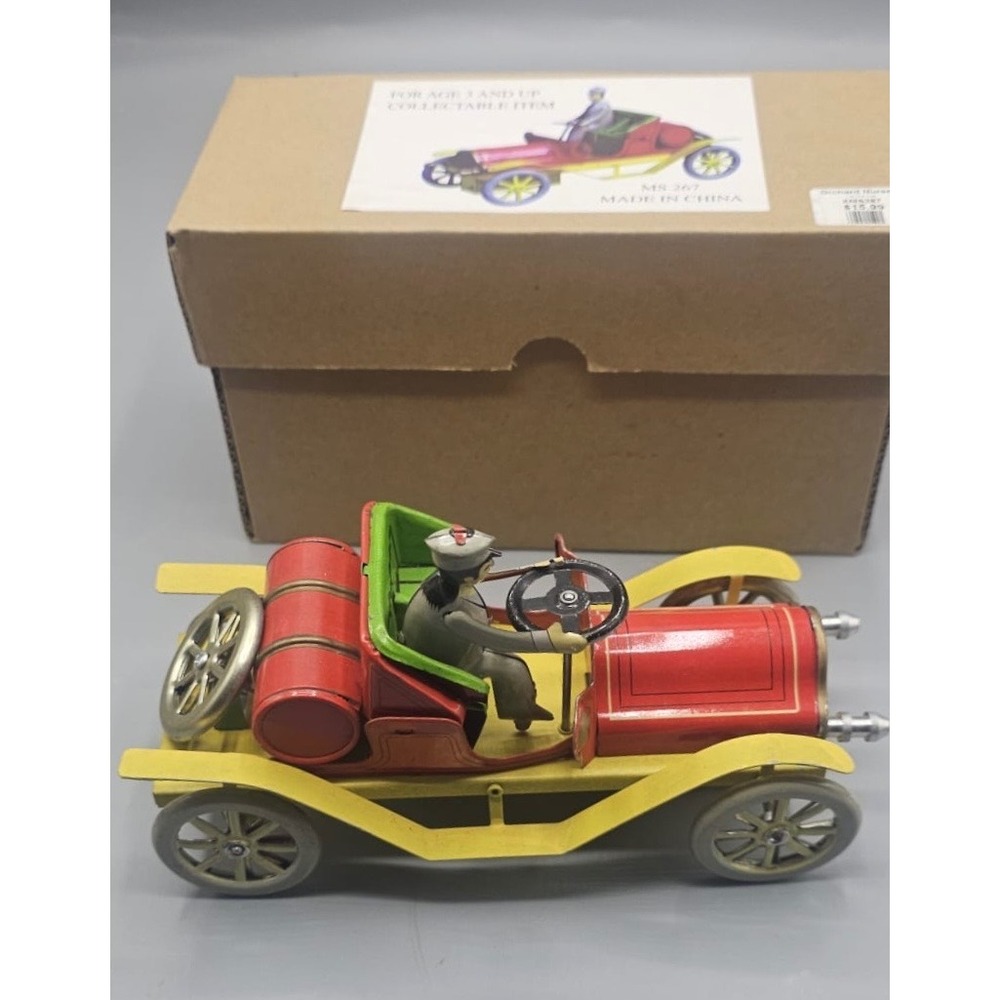 Vintage Style Tin Wind Up Car MS 267 Red Yellow Antique Automobile with Box Key